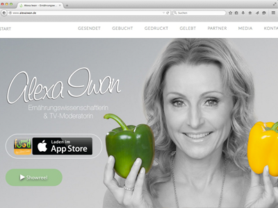 A Screenshoot of the website design , grey tones with a portrait of Alexa Iwan